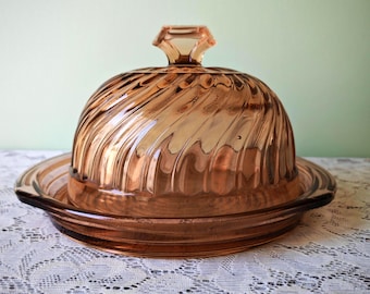 Vintage Pink Depression Glass Dome Cloche | Art Deco Pressed Glass Serving Dish | Cottagecore Tablescape
