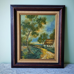 Pintura al óleo vintage / Paisaje campestre europeo / Escena rústica de granja enmarcada / Decoración estilo cottagecore