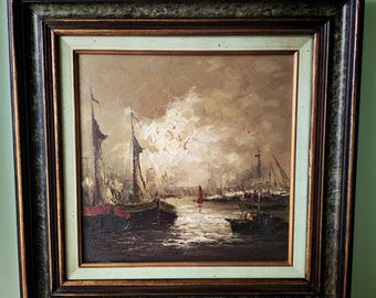 Attributed Joan Escoda Coromina Maritime Oil Painting | Spanish Harbour Seascape | Vintage Impasto Boat Painting