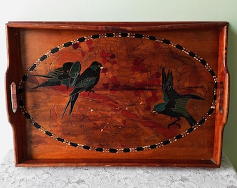 Bandeja de servir antigua de madera / Pájaros y uvas pintados a mano / Décadas de 1920-1930 / Bandeja decorativa / Decoración otoñal campestre inglesa