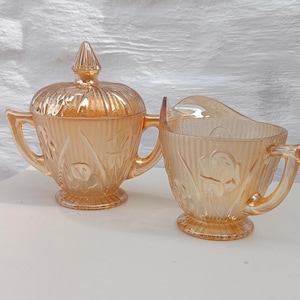 Jeannette Marigold Carnival Sugar Bowl and Creamer Set | Iris & Herringbone | 1930s Depression Glass