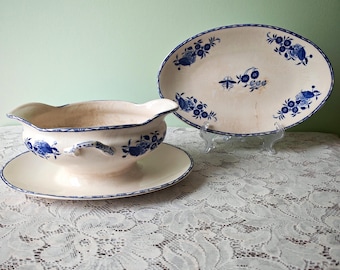 Antique Boch Frères Gravy Boat + Underplate | Blue & White Transferware | Belgian Ironstone Sauce Dish