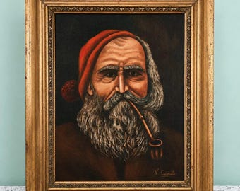 Vintage Italian Oil Portrait | Bearded Alpine Man with Pipe | Alpine Character Painting | Gilt Frame | Moody Art