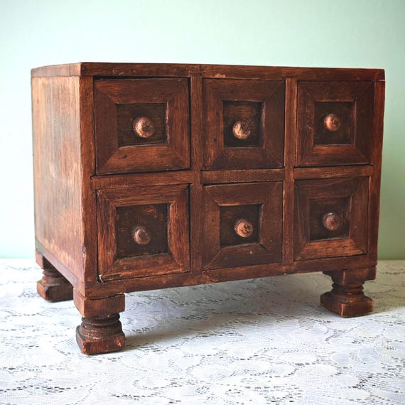 Antique Primitive Apothecary Cabinet | Rustic 6 Drawer Wooden Chest | Folk Spice Cabinet | Cottagecore Decor