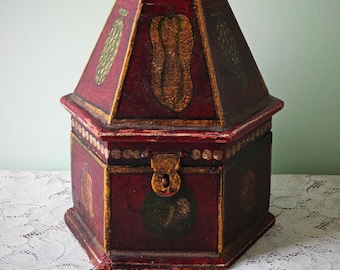 Antique Eastern European Folk Art Painted Wooden Box | c. 1900 | Hexagonal Jewellery Dowry Box