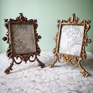 Può includere: Due cornici portafoto in metallo dorato abbinate con intricati motivi a volute e dettagli a forma di foglia. Ogni cornice presenta un'apertura rettangolare contenente un inserto con motivo floreale grigio chiaro e bianco.