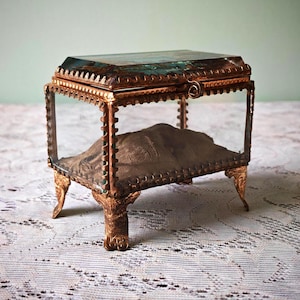 Może przedstawiać: Prostokątne szklane i metalowe pudełko wystawowe z otwieraną pokrywą. Pudełko ma złotą metalową ramę z ozdobnymi detalami i stoi na czterech zakrzywionych nóżkach. Wnętrze zawiera brązową platformę pokrytą tkaniną.