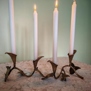 Op de afbeelding: Twee koperen kandelaars in de vorm van kronkelende wijnranken met bladeren, elk met twee lange witte dinerkaarsen. De kaarsen branden en verspreiden een warme gloed. De metalen houders hebben gedetailleerde texturen en organische vormen.