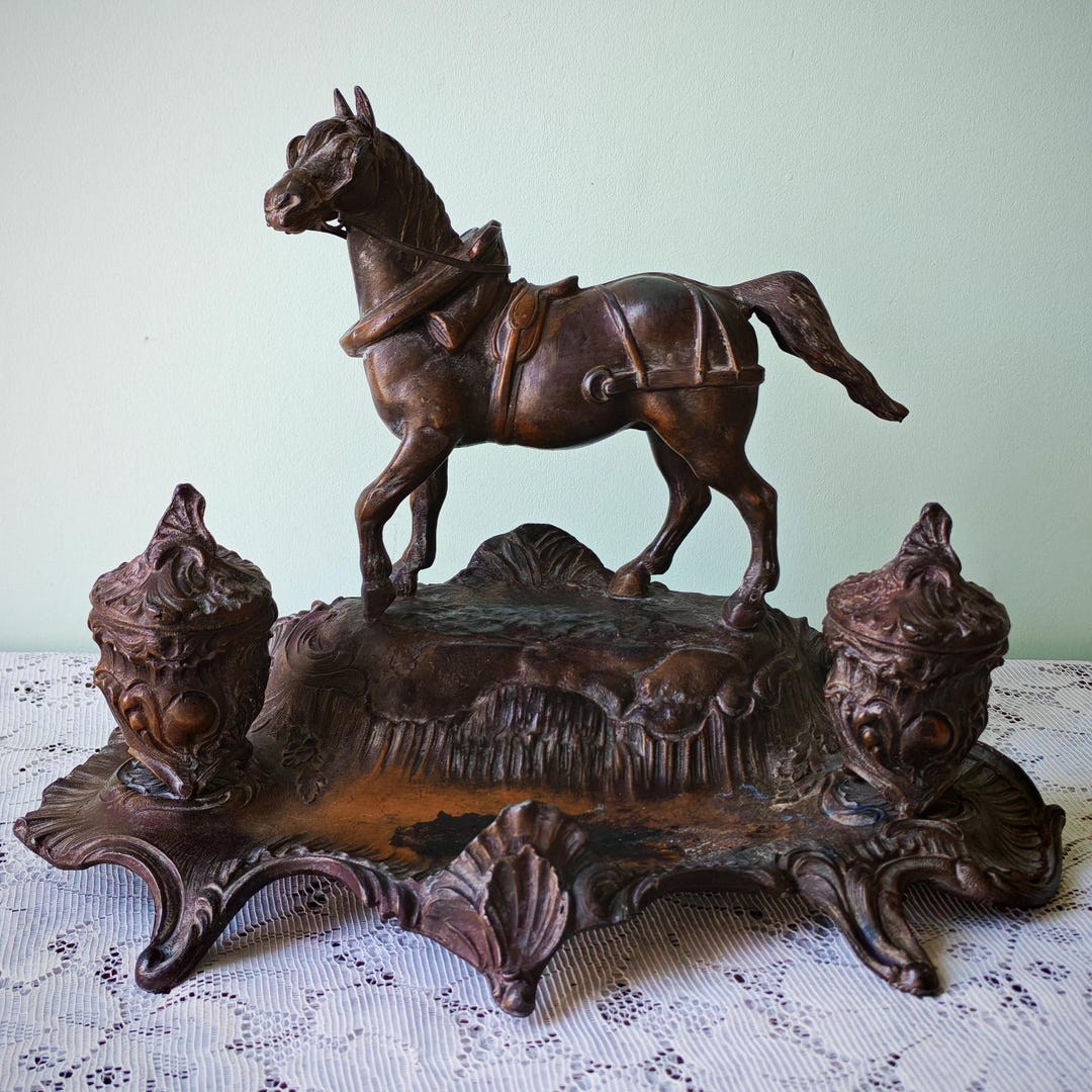 Antique A. Bossu Spelter Horse Inkwell Station | Art Nouveau Equestrian ...