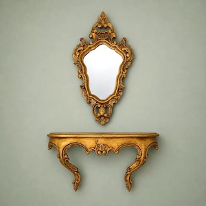 Set vergulde rococospiegels en console in antieke stijl | Sierlijk goud Hollywood Regency barok decor