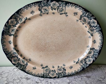 Bandeja antigua de loza azul Flow / Furnivals English Rose / Plato ovalado para servir / Vajilla azul transferida