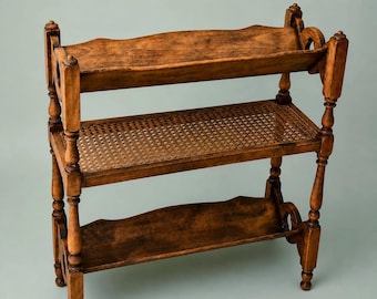 Antieke boekenstandaard in Canterbury-stijl | Rieten plank | Engels tijdschriftenrek Cottage Revival