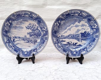 Piatti antichi Boch Frères / Set di 2 / Decorazione in maiolica blu e bianca "Navire" / Decorazione murale in maiolica belga