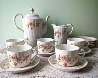 Antieke Limoges-koffieset J.B.T & Cie | Frans porseleinen theeservies | Belle Époque ca. 1900 | Cottagecore