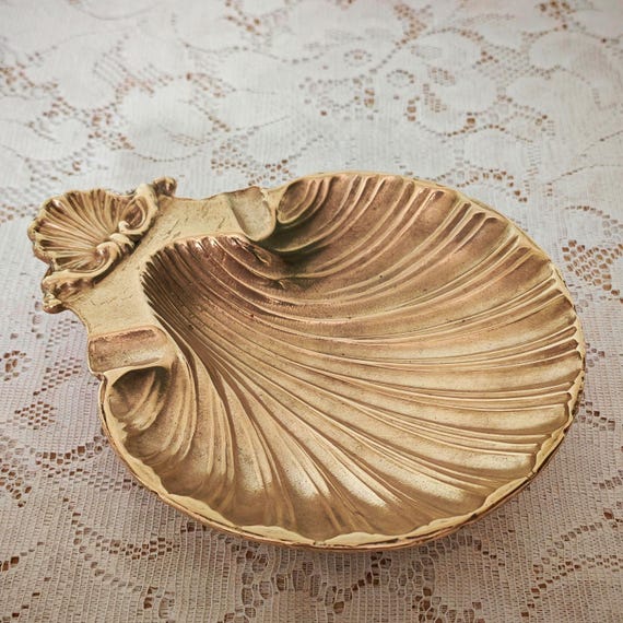 Vintage Brass Shell Dish | Rococo Coastal Catchall | Vanity Table Decor | Bathroom Accessory