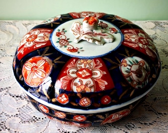 Bol antiguo japonés Imari con tapa / Período Meiji c. 1890 / Bol con tapa de porcelana Arita pintado a mano / Decoración oriental del siglo XIX