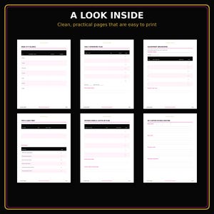 Może przedstawiać: Zestaw sześciu stron do druku z czarnymi nagłówkami i jasnoróżowymi akcentami. Tekst zawiera A LOOK INSIDE, Clean, practical pages that are easy to print, WEEK AT A GLANCE, DAILY HOMEWORK PLAN, ASSIGNMENT BREAKDOWN, TEST & QUIZ PREP, MISSING WORK & CATCH-UP PLAN oraz MY CUSTOM SCHOOL ROUTINE.