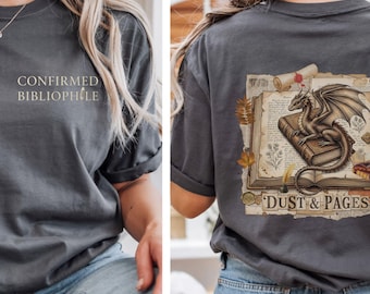 Dragon Bookworm T-Shirt for Dark Academia Book Lovers, Dust and Pages Bibliophile Tee, Victorian Fantasy Gift