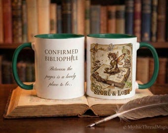 Spore & Lore Fairy Mushroom Mug, Confirmed Bibliophile Coffee Cup, Dark Academia Drinkware