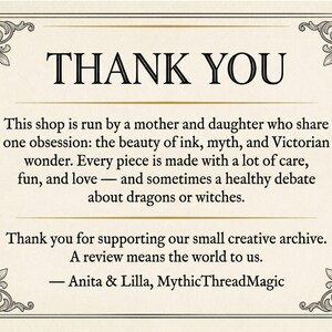 Victorian Thank You card from MythicThreadMagic explaining the mother-and-daughter studio behind the shop and inviting buyers to leave a review after enjoying their Scattered Kitchen Herbs cottagecore cotton tee. By MythicThreadMagic.