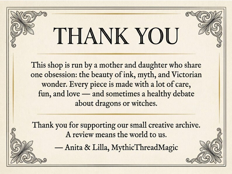 Victorian Thank You card from MythicThreadMagic explaining the mother-and-daughter studio behind the shop and inviting buyers to leave a review after enjoying their Scattered Kitchen Herbs cottagecore cotton tee. By MythicThreadMagic.