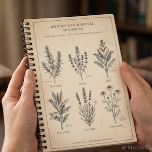 May include: A spiral-bound notebook open to a page titled "Kitchen Witch Herbal Specimens." The page features botanical illustrations of rosemary, thyme, sage, bay laurel, lavender, and chamomile. The notebook is held open by two hands.