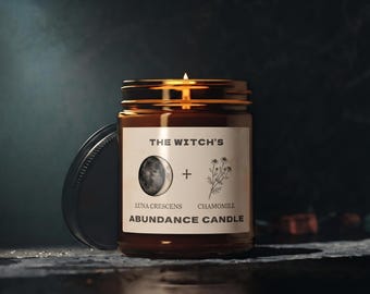 Witch Candle, Abundance Chamomile Soy Wax - Witchy Gothic Gifts, Waxing Moon Amber Jar Scented Intention Spell Altar Decor, 9oz