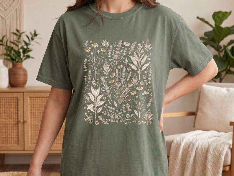 Sage Moss Comfort Colors tee photographed from a side angle in a botanical studio setting with dried flowers and natural wood, showing the relaxed drape of the Scattered Kitchen Herbs shirt for forest witches. By MythicThreadMagic.