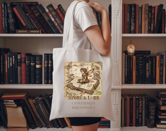 Spore and Lore Mushroom Fairy Tote Bag - Confirmed Bibliophile, Dark Academia Canvas Bag, Cottagecore Book Lover Gift