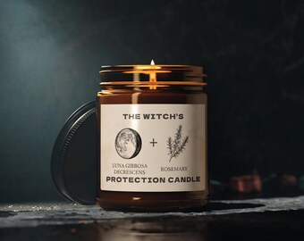 Witch Candle, Protection Rosemary Soy Wax - Witchy Gothic Gifts, Waning Moon Amber Jar Scented Intention Spell Altar Decor, 9oz