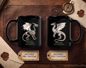 Pre and Post Caffeine Dragon Mug - Specimen Victorian Gothic, Dark Academia Ceramic Coffee Cup, Dragon Lover Gift