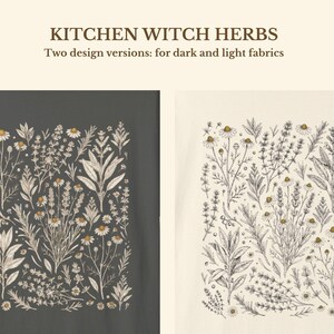 Side-by-side design preview showing the Scattered Kitchen Herbs print in two versions, dark charcoal on parchment and warm cream on dark fabric, illustrating how the Victorian botanical illustration adapts across Comfort Colors shades. By MythicThreadMagic.