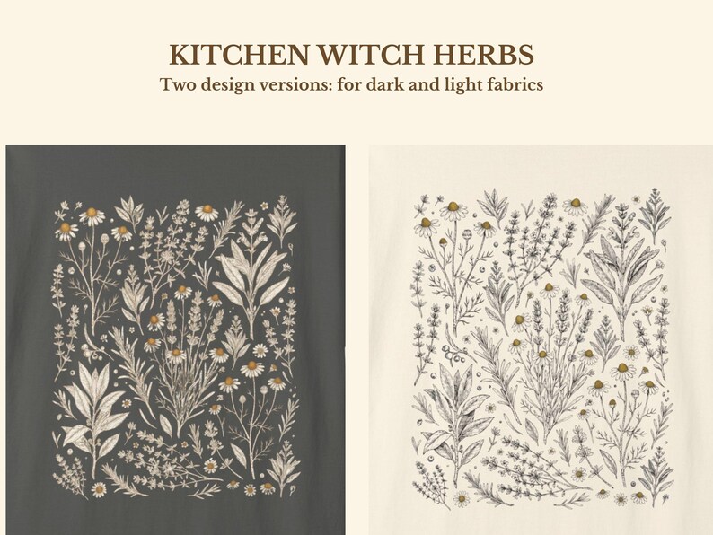 Side-by-side design preview showing the Scattered Kitchen Herbs print in two versions, dark charcoal on parchment and warm cream on dark fabric, illustrating how the Victorian botanical illustration adapts across Comfort Colors shades. By MythicThreadMagic.