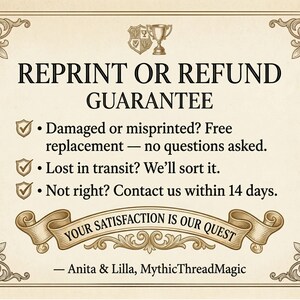 Reprint or refund guarantee card in Victorian parchment styling, promising free replacement for damaged or misprinted Scattered Kitchen Herbs tees and contact within 14 days for any issue. By MythicThreadMagic.