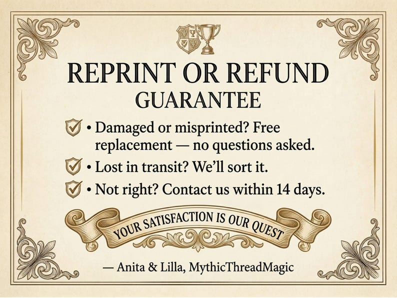Reprint or refund guarantee card in Victorian parchment styling, promising free replacement for damaged or misprinted Scattered Kitchen Herbs tees and contact within 14 days for any issue. By MythicThreadMagic.