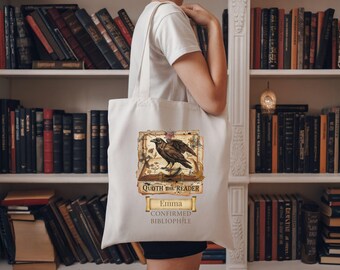 Bolsa Tote Personalizada Raven, Bolsa Literária Dark Academia com Nome Personalizado, Bolsa para Livros - Presente Ideal