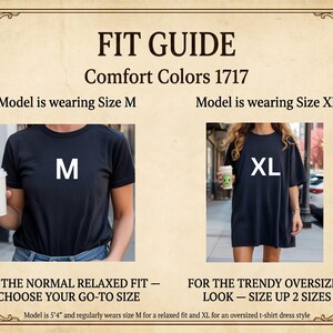 Fit guide comparing Comfort Colors 1717 sizes M and XL worn by the model to demonstrate the difference between a normal relaxed fit and a trendy oversized look for the Scattered Kitchen Herbs cottagecore tee. By MythicThreadMagic.