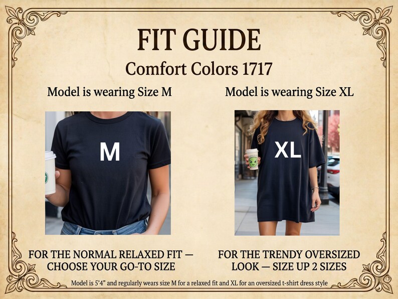 Fit guide comparing Comfort Colors 1717 sizes M and XL worn by the model to demonstrate the difference between a normal relaxed fit and a trendy oversized look for the Scattered Kitchen Herbs cottagecore tee. By MythicThreadMagic.