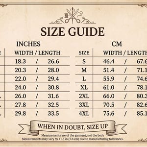 Detailed Comfort Colors 1717 size guide for the Scattered Kitchen Herbs T-Shirt in inches and centimeters, displayed in Victorian apothecary-card styling to help cottagecore shoppers choose their perfect relaxed fit. By MythicThreadMagic.