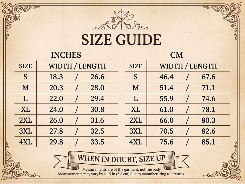Detailed Comfort Colors 1717 size guide for the Scattered Kitchen Herbs T-Shirt in inches and centimeters, displayed in Victorian apothecary-card styling to help cottagecore shoppers choose their perfect relaxed fit. By MythicThreadMagic.
