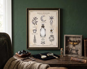 Peut inclure: Une affiche murale encadrée intitulée Poison & Elixirs présentant des illustrations à l'encre noire d'un croissant de lune, mandragore, belladone, mortier et pilon, parchemin, flacon de poison avec bouchon crâne, balance et ciguë.