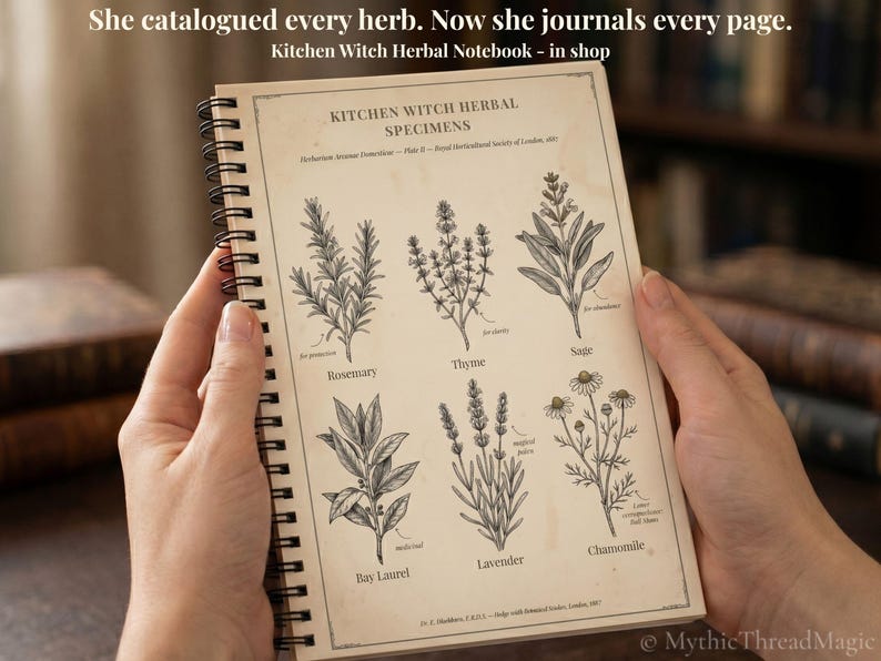 Cross-sell preview of the Kitchen Witch Herbal spiral notebook held in hand, showing the matching Victorian botanical illustration on the cover for cottagecore journalers who catalogue every herb in their kitchen garden. By MythicThreadMagic.