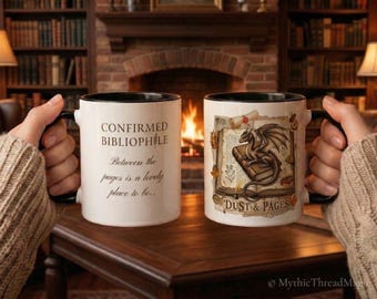 Dust and Pages Dragon Mug - Confirmed Bibliophile, Dark Academia Ceramic Coffee Cup, Victorian Gothic Book Lover Gift