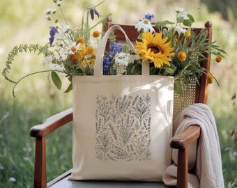 Kitchen Herbs Botanical Canvas Tote Bag, Cottagecore Farmers Market Tote, Witchy Floral Shoulder Carryall, Plant Lover Gift, Herb Print