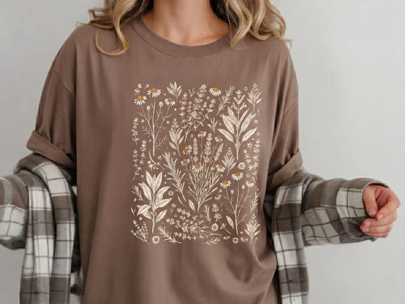 Rich Espresso brown garment-dyed tee with cream Victorian herbalist illustration, paired with a flannel and natural denim — Scattered Kitchen Herbs shirt for foraging-loving woodland aesthetes. By MythicThreadMagic.