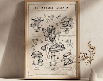 Mushroom Fairy Print, Victorian Naturalist Witchy Decorator, Enchanted Forest Fungi Specimen, Oversized Wall Art