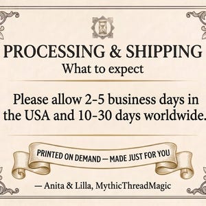 Processing and shipping information card in Victorian parchment styling, noting 2 to 5 business days production in the USA and 10 to 30 days worldwide delivery for the print-on-demand Scattered Kitchen Herbs T-Shirt. By MythicThreadMagic.