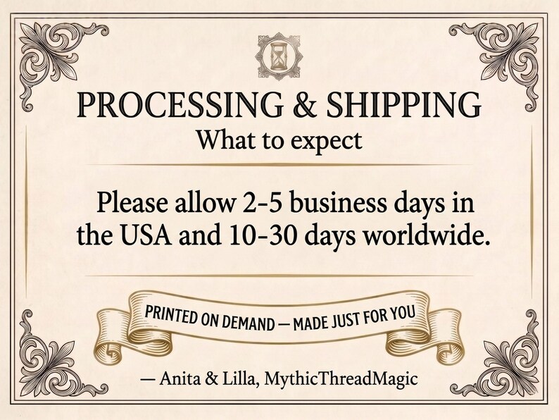 Processing and shipping information card in Victorian parchment styling, noting 2 to 5 business days production in the USA and 10 to 30 days worldwide delivery for the print-on-demand Scattered Kitchen Herbs T-Shirt. By MythicThreadMagic.