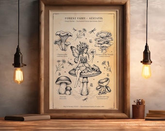 Mushroom Fairy Print, Victorian Naturalist Witchy Decorator, Enchanted Forest Fungi Specimen, Digital Download Poster
