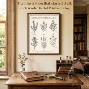 Cross-sell preview showing the original Kitchen Witch Herbal print framed and hanging in a sunlit Victorian study, inviting shoppers to discover the matching art poster that started the entire Scattered Kitchen Herbs collection. By MythicThreadMagic.